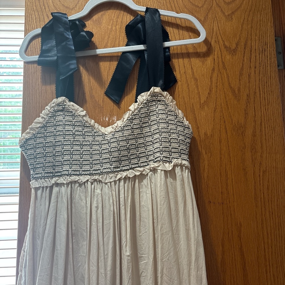 Cream and Black Strapless Dress with Ribbon Straps